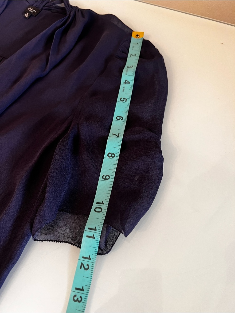 BABATON 100% Silk Sheer Ruffle Blouse Draped Boho Luxe Navy Medium Top - Picture 6 of 10